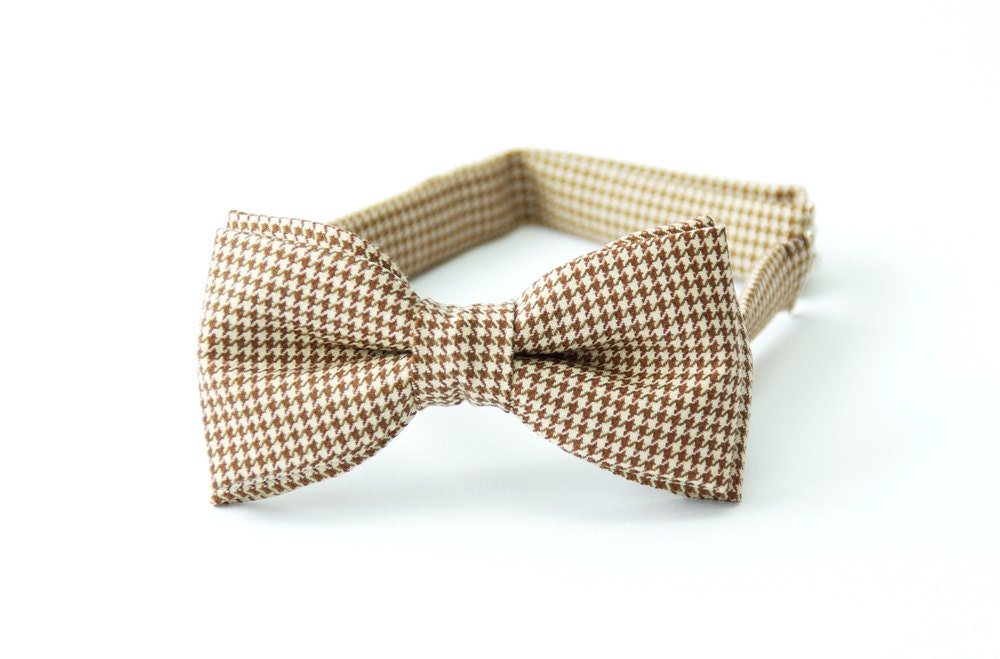 Mens bow tie by Bartek Design - groom wedding classic retro necktie chic gift ready to wear - houndstooth check  brown beige wool tweed