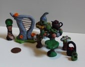 Fairy Garden Set Miniatures Dollhouse Patio Harp Fairies Teapot Mini Basket Cherries Gazing Ball