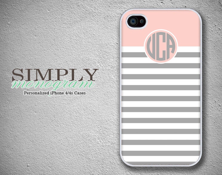 iphone 4 case - iphone 4s case - plastic or silicone rubber - personalized grey and pink striped monogram