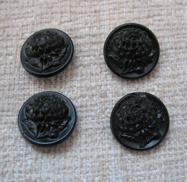 Set 4 Antique Victorian Buttons Black Glass Chrysanthemums