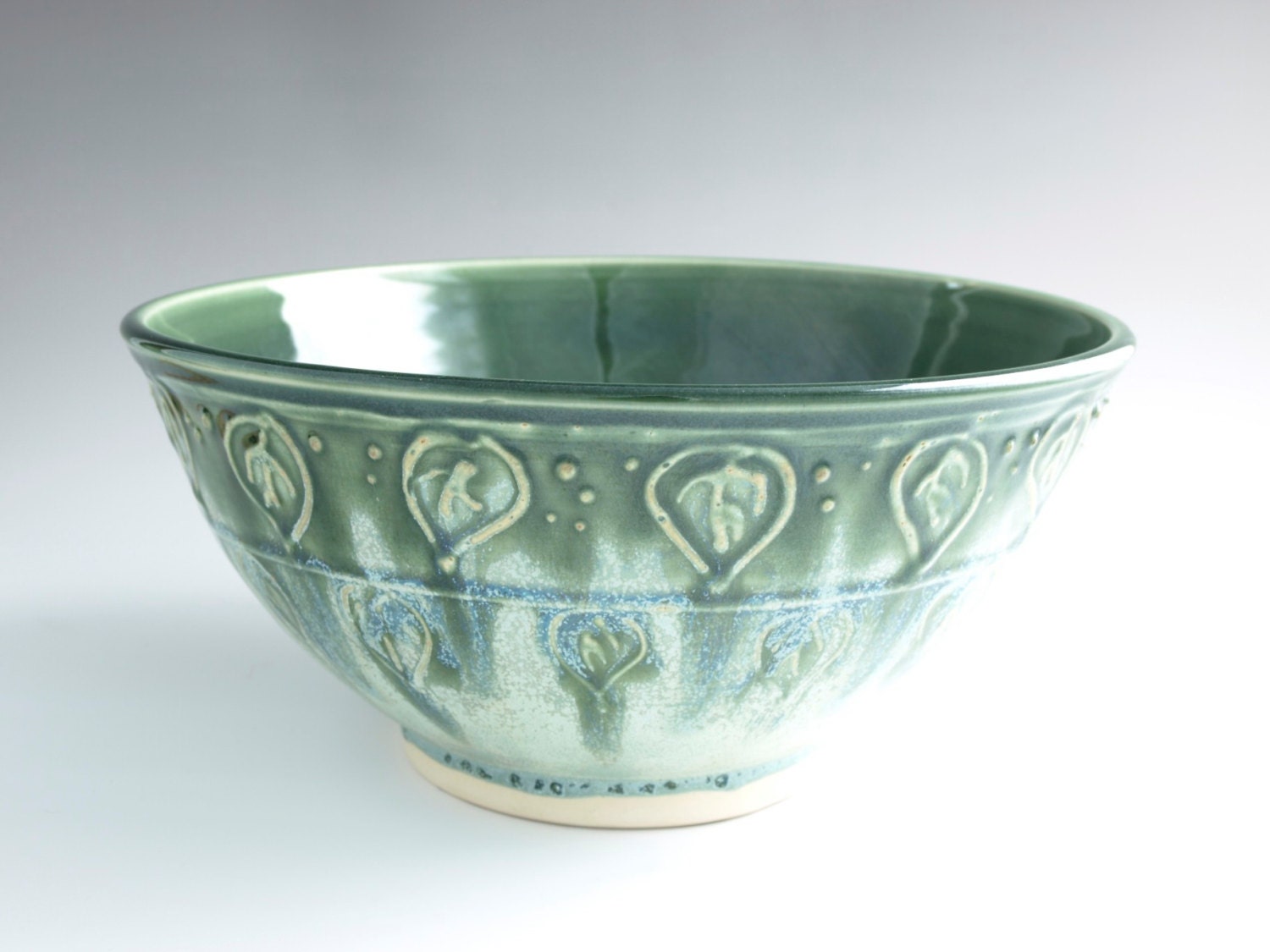 Extra Large Giant Size Serving Bowl Pottery Leaf Emerald Green Mint Chocolate Chip - Ready to Ship