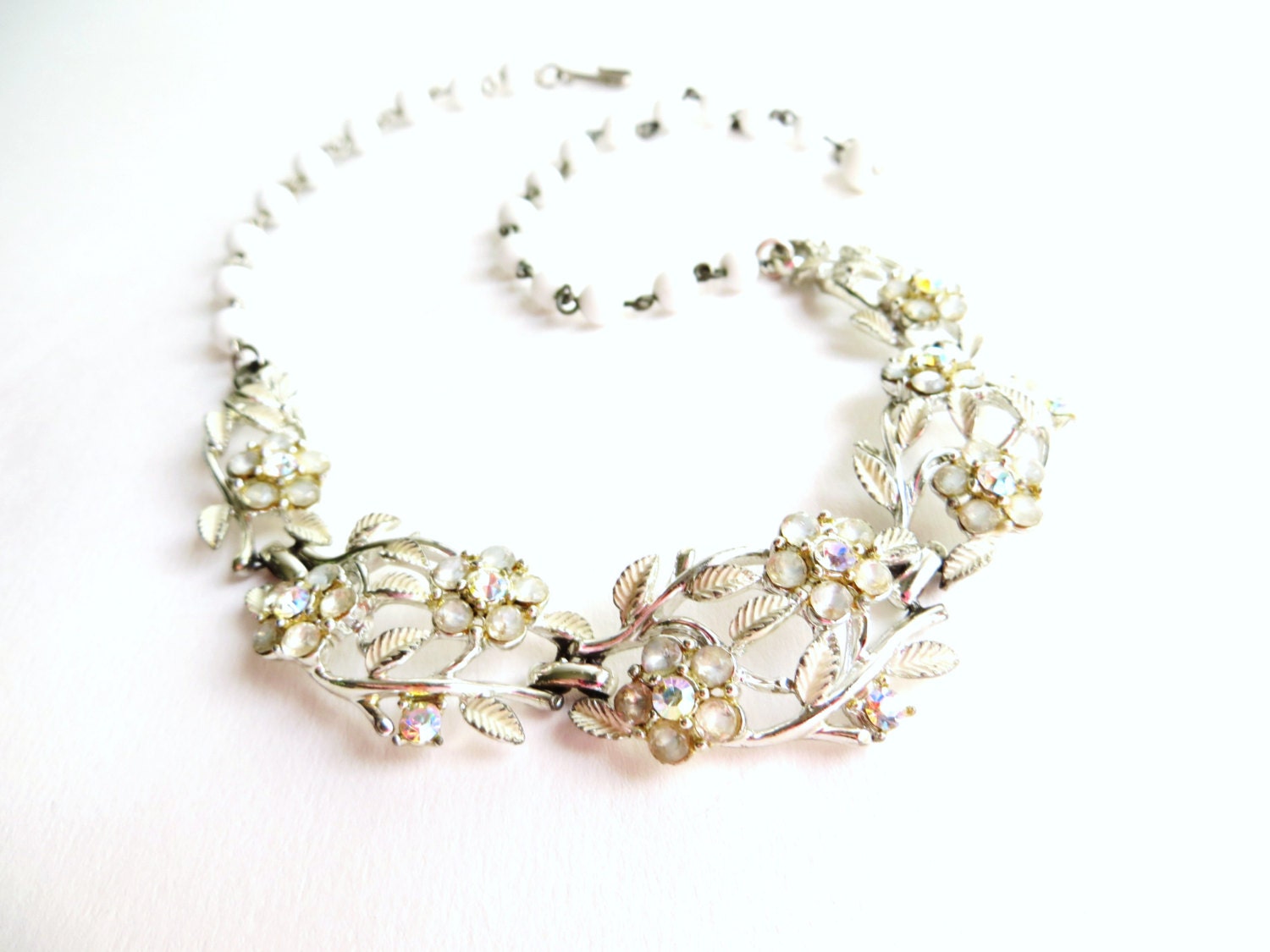 Vintage Coro Enamel White Flower Necklace, Aurora Borealis Rhinestone Necklace, Floral Necklace, Silver Tone Metal