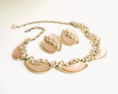Vintage Pink Enamel Flower Moonglow Necklace and Earrings with Rhinestones Set, Floral Flower Choker, Gold Tone Metal