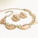 Vintage Pink Enamel Flower Moonglow Necklace and Earrings with Rhinestones Set, Floral Flower Choker, Gold Tone Metal