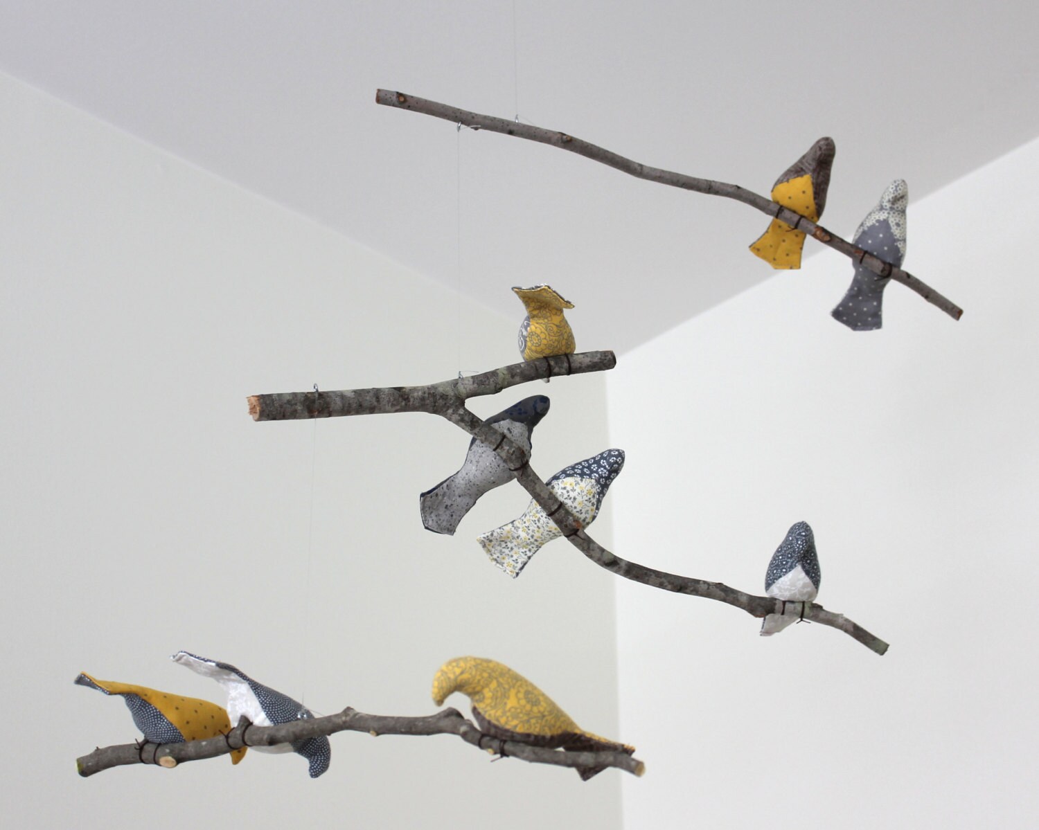 bird mobile gray yellow white fabric birds by sewnbuddies bird mobile gray yellow white fabric birds by sewnbuddies