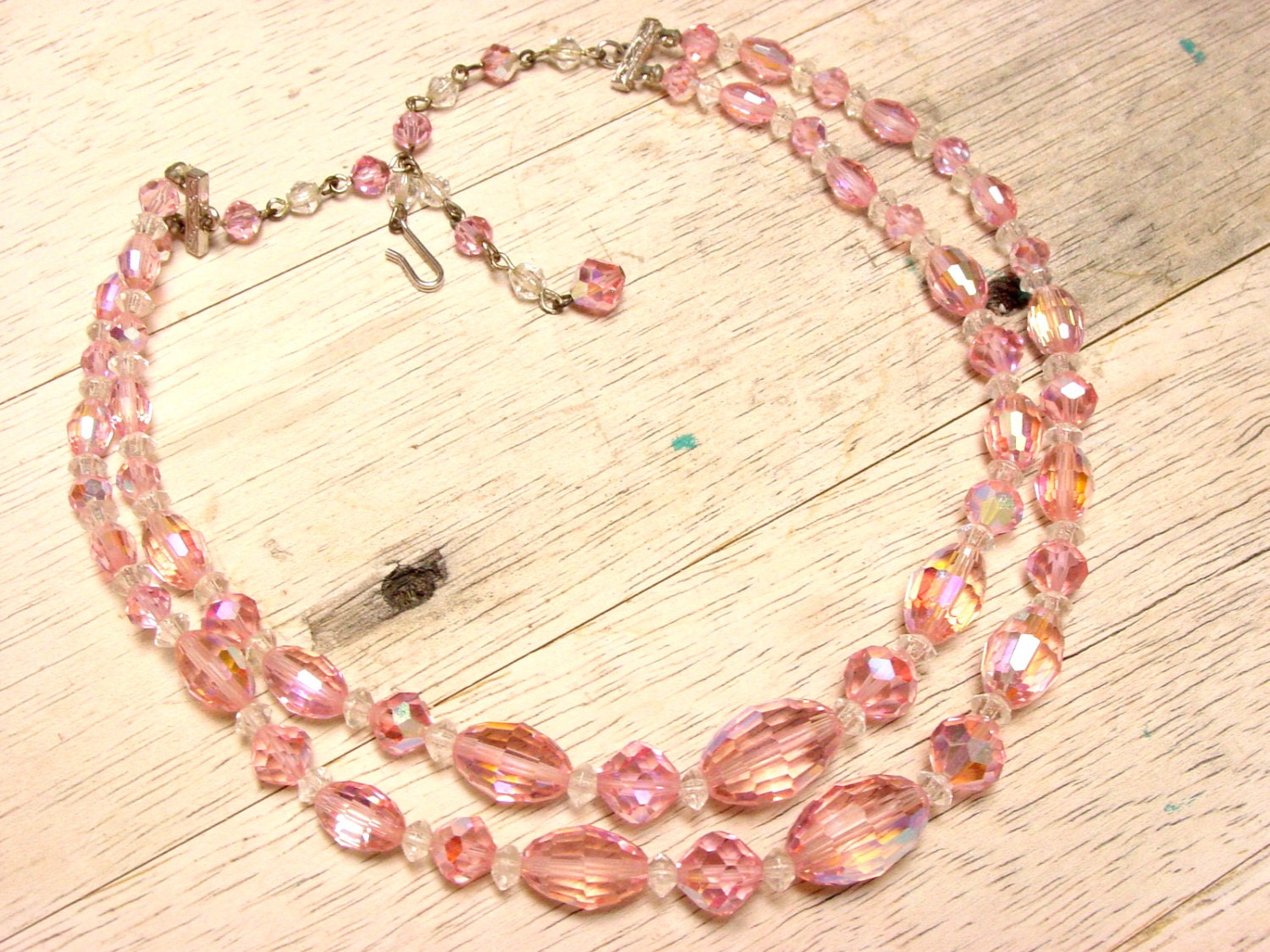 Vintage Pink Crystal Double Strand Choker Necklace (50s 60s retro glass aurora borealis wedding bridal prom light clear bead faceted)