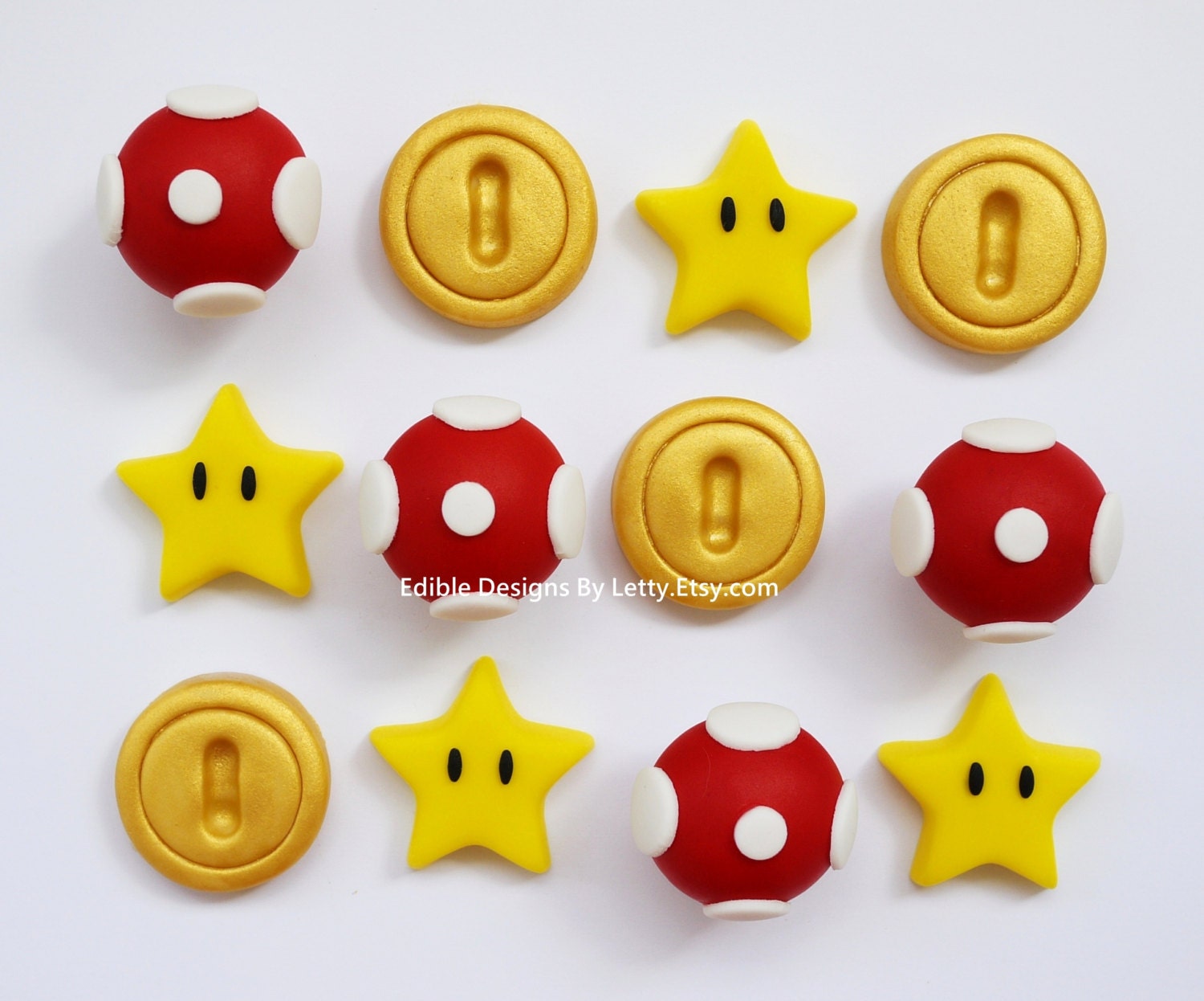 12 Edible Fondant Super Mario Inspired Cupcake Toppers - Mario Mushrooms, Stars & Gold Coins Il_570xn