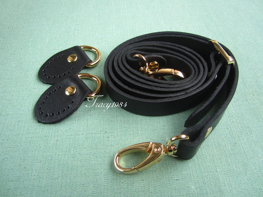 47 inch Black Full-grain Leather Cross Body Bag Strap with Golden Snap Hooks