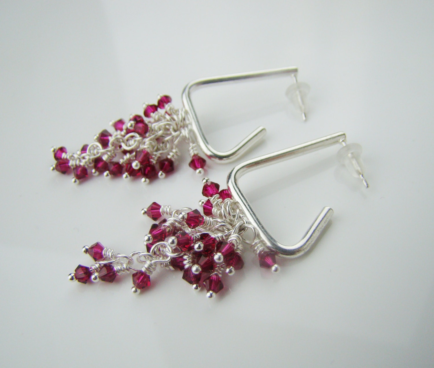 Ruby Swarovski crystal earrings, cluster earrings, wire wrapped crystals, silver earrings, handcrafted jewelry, 7PM boutique