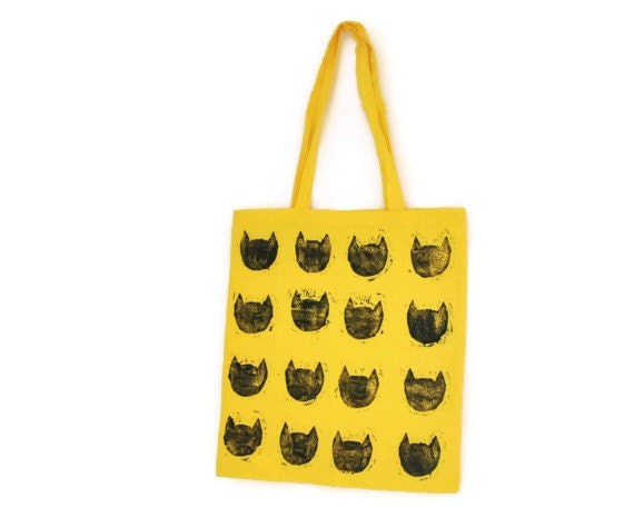 Cat Tote Bag - Yellow Shopper Handbag Black Cat Faces on Sunny Cotton Bag - Cute, Quirky & Fun - Under 15 pounds - Block Printed by Hand