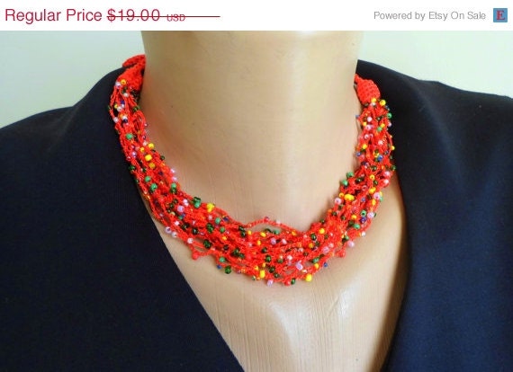 ON SALE 25% Crochet Red Necklace. Colorful seed beads multistrand crochet necklace.