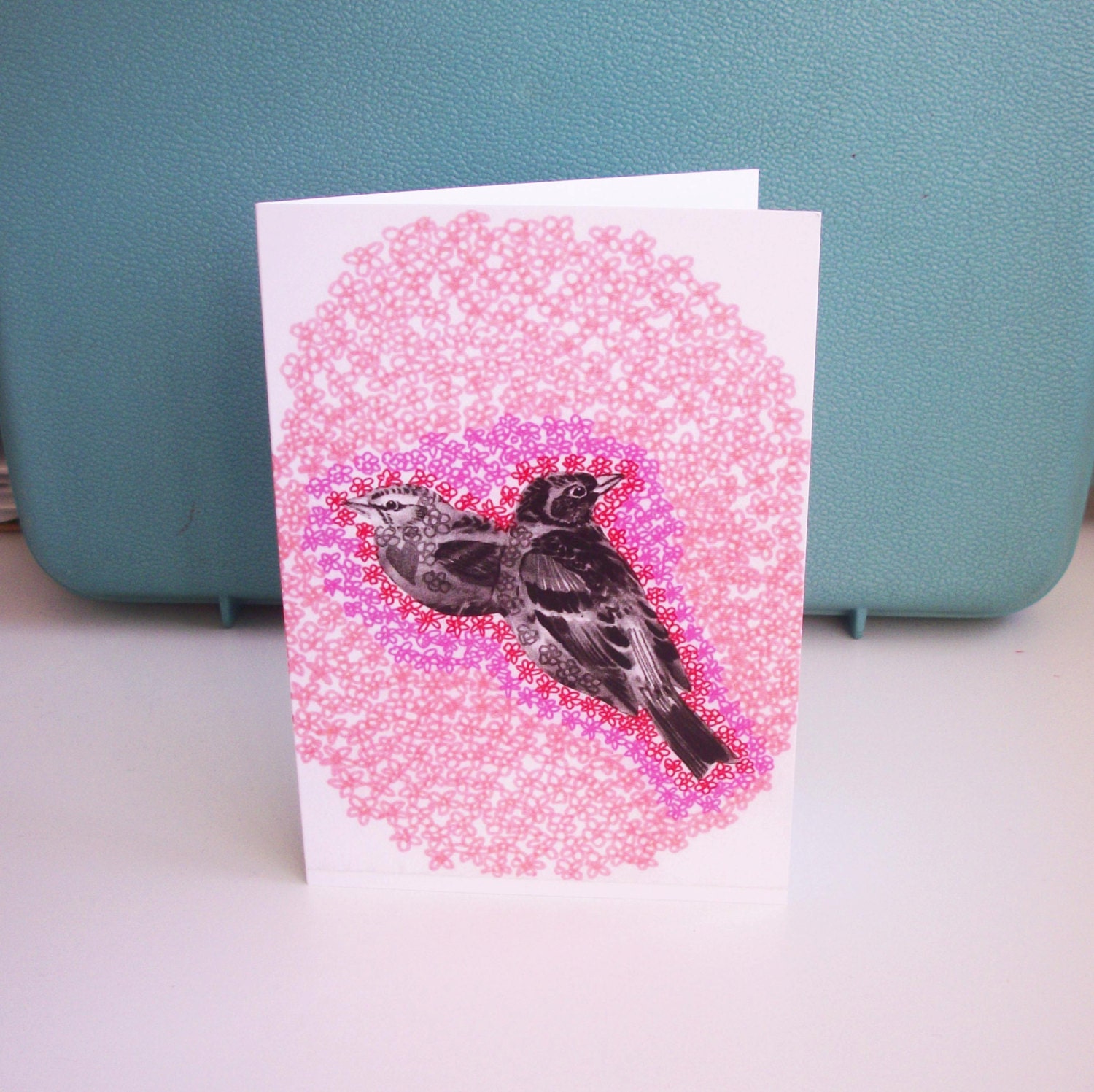 Floral spring birds greeting card. Illustrated collage bird blank card. mothers day, spring birds. Indie illustration card.