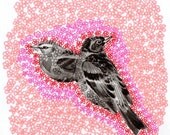 Floral bird spring illustration flowers birds collage illustration a4 print. digital archival art print.mothers day spring pink print.