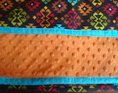 Baby Boy or Girl Flannel and Minky blanket quilt orange, turquoise and brown southwest, ready to ship