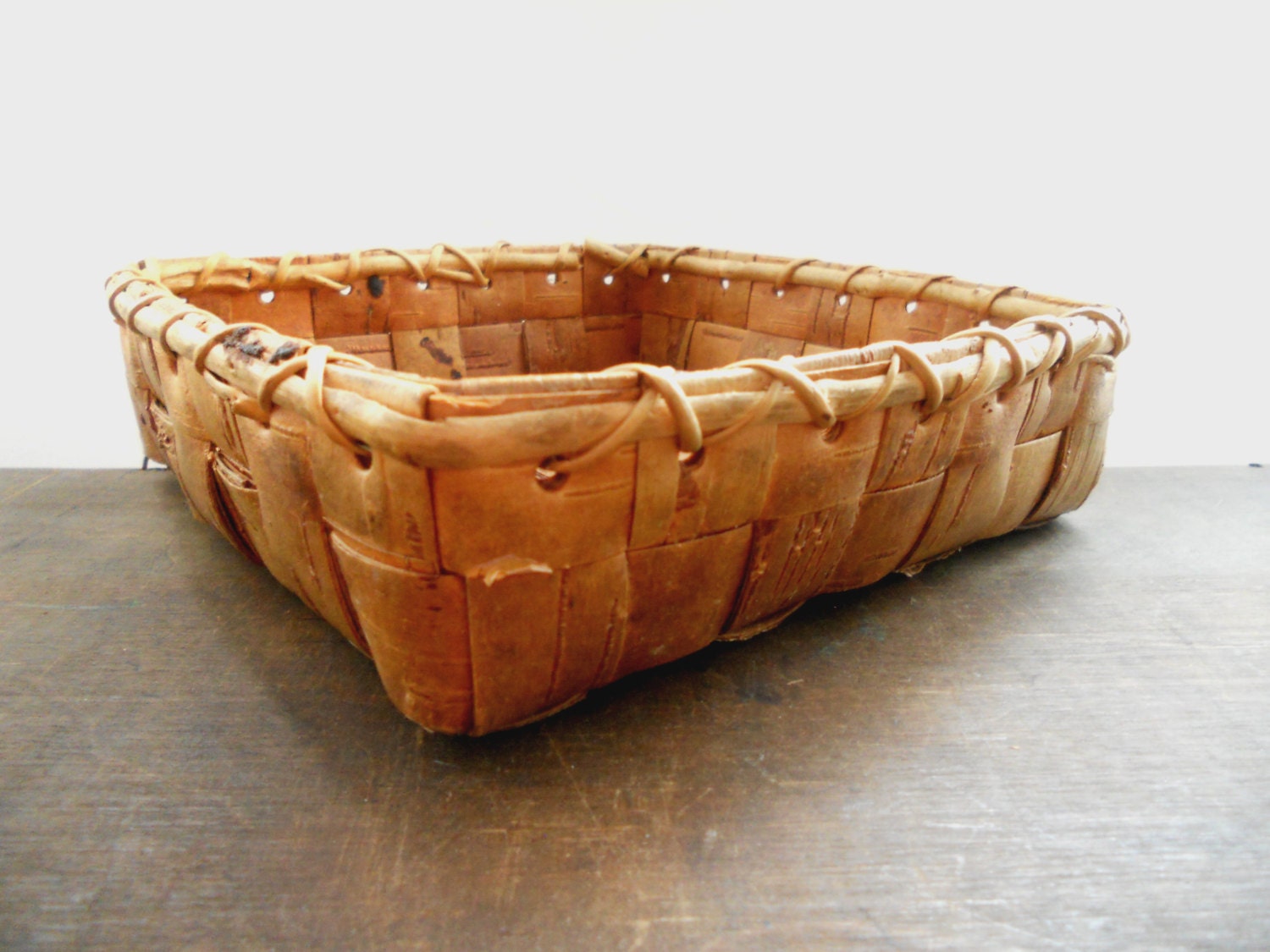 Vintage birch bark basket Braided Swedish basket Square basket Handmade Scandinavian design wicker Rustic kitchen home decor