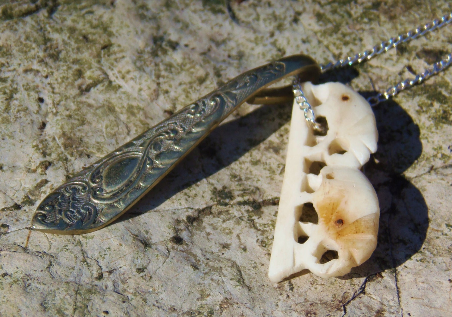Spoon Handle Necklace with Vintage Ivory Elephant brooch Charm, Handmade Jewellery