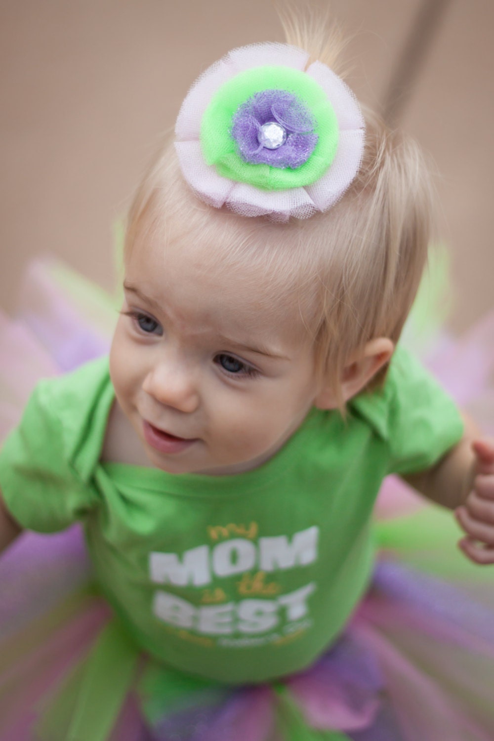 Custom baby tutu and hair bow set. Spring/Easter theme - made with pink, green and purple shimmery tulle. Handmade.