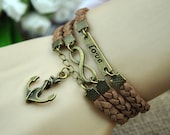Vintage cuff bracelet,love bracelet,infinity bracelet,anchor bracelet,brown leather cord,Beautiful handmade bracelet, the best gift S430