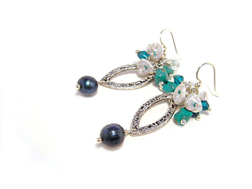 Navy blue & White keishi pearl earrings with turquoise White blue teal Earrings Israeli Jewelry