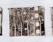 Small Black Zipper Pouch, Hand Screen Printed. One of a kind Change / Coin / Card purse