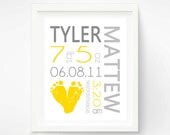 Yellow and Gray Nursery Birth Announcement Wall Art -  Baby Footprint Art - Baby Name Art - Personalized Nursery Art - Nursery Decor