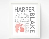 Birth Announcement Wall Art - Baby Girl Nursery - Baby Footprint Handprint - Pink and Grey Nursery - Baby Name Art - New Baby Gift