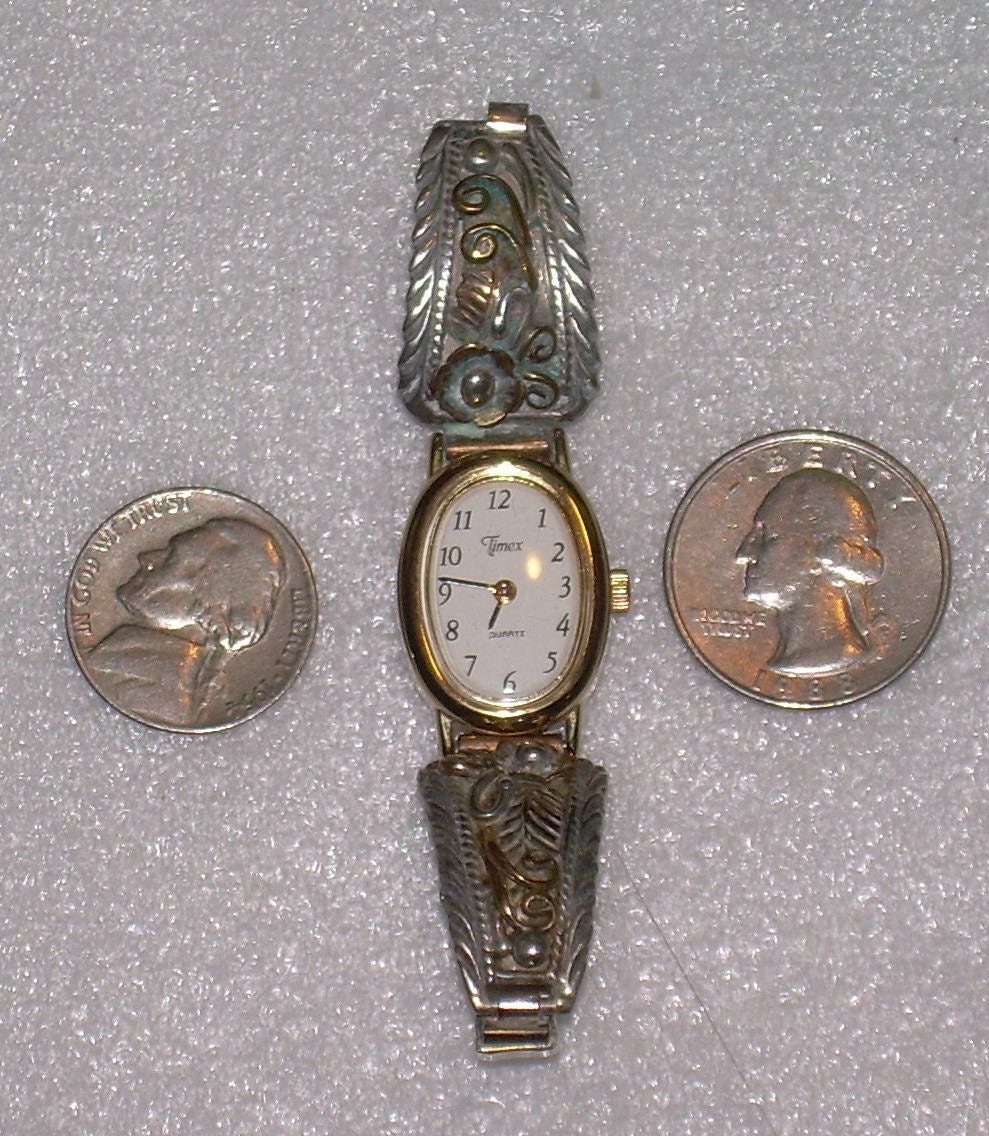 Timex Watch With Vintage Sterling 925 Silver Band Tips by "V V"- Works Great-Silver & Gold-Southwest Native