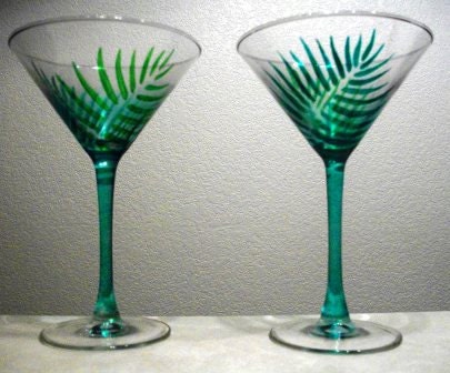Fern Martini Glasses Hand Painted, Set of 2