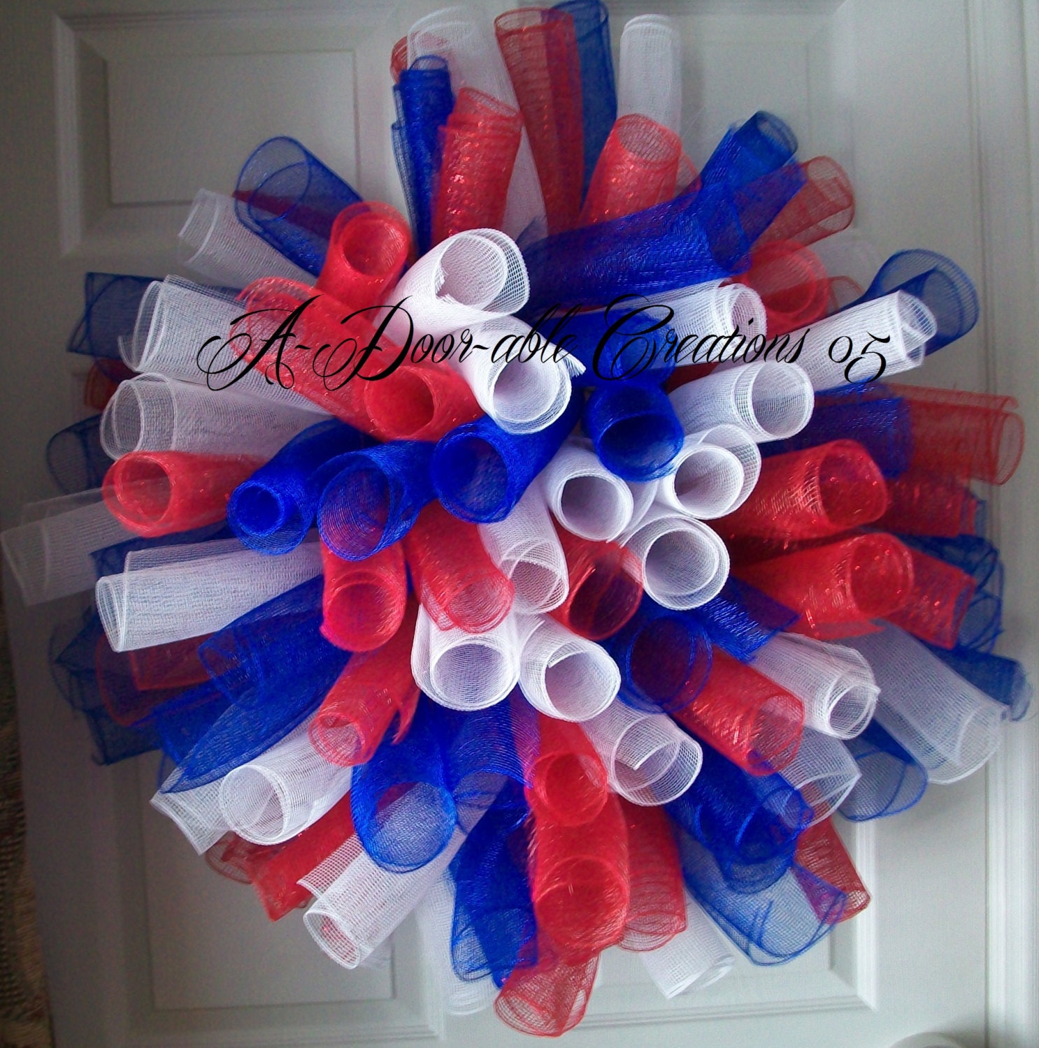 Patriotic..Red White and Blue Spiral Deco Mesh Wreath