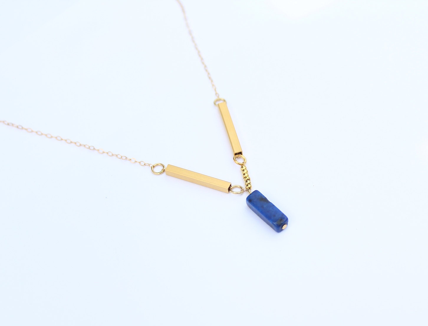 Gold & Blue necklace - gold plated bar beads, blue bar pendant necklace - 14k gold filled chain - simply jewelry