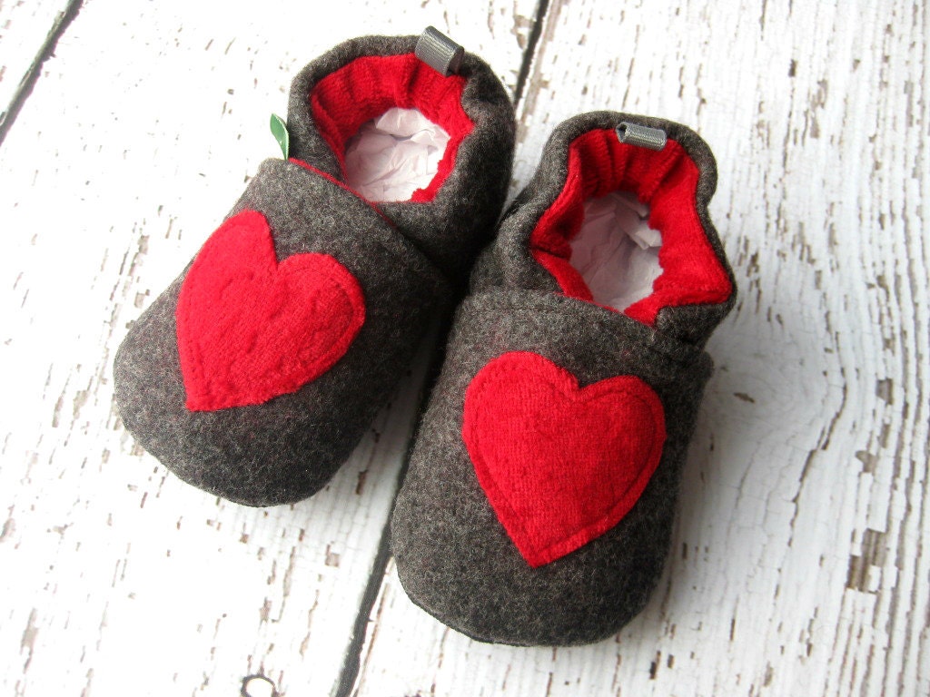 With All My Heart Non-Slip Upcycled Wool Baby Booties - Made to Order  Red Grey Valentines Day Gift Shoes
