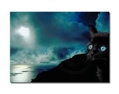 Black Cat Printable art Digital photo art 5x7 Card. Print at home wall decor art Photo montage collage Kitten Cat lover Ocean Blue Sky