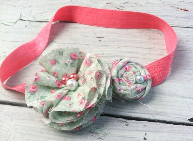 Mint Green & Pink Floral Fabric Flower Headband, Girls Headband, Rolled Rosette, Hair Accessory, Baby Headband, Newborn Headband