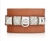 Real Leather Wrist Cuff, Bracelet, Brown with Golden Colored Buckle, with Spike Rivets Studs