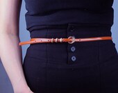 Patent Leather Waist Belt - PU - Copper Buckle - Brown Narrow - Women - Handmade