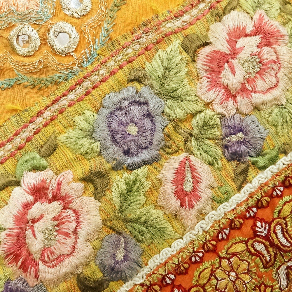 Handmade Yellow Floral Embroidered Tapestry Wall Decor Decorative Thorw Indian 60" - TP250