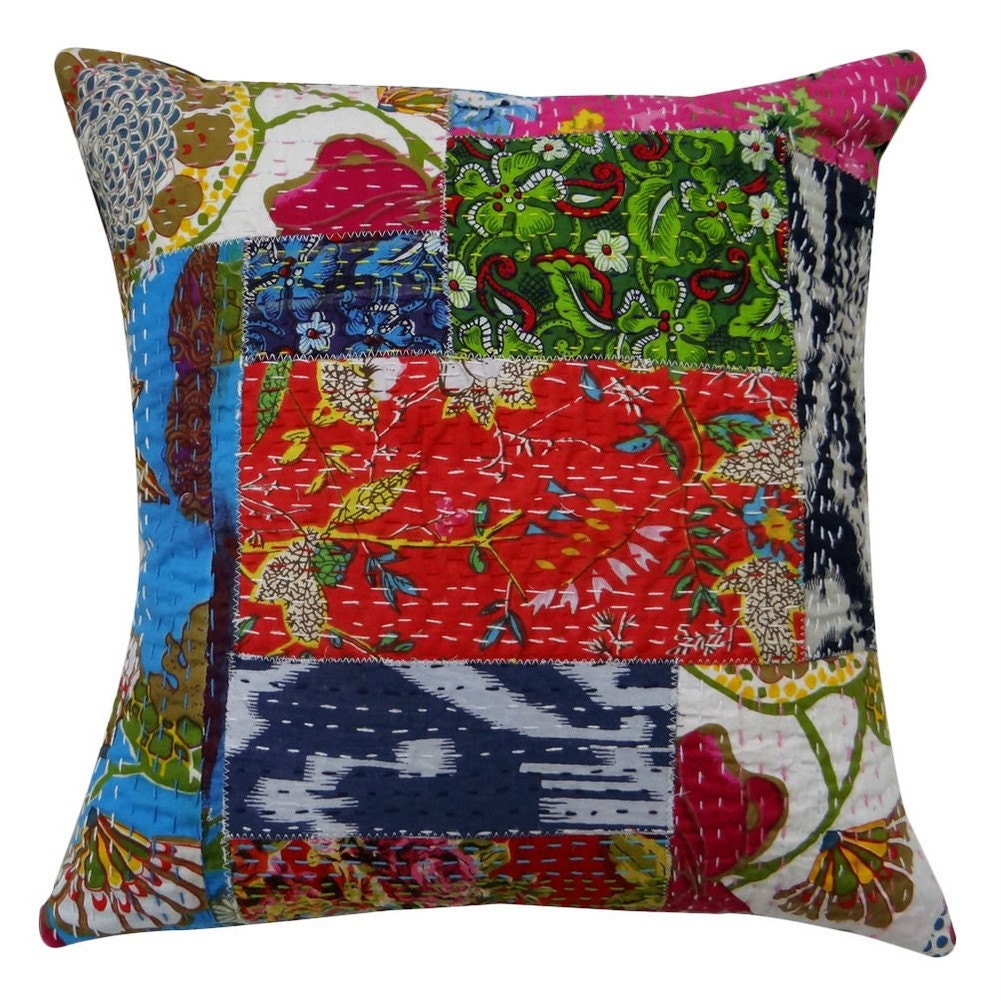 Handmade Kantha Cushion Cover Cotton Pillow Case Multicolor Patchwork  Decorative Throw Indian - PL3691
