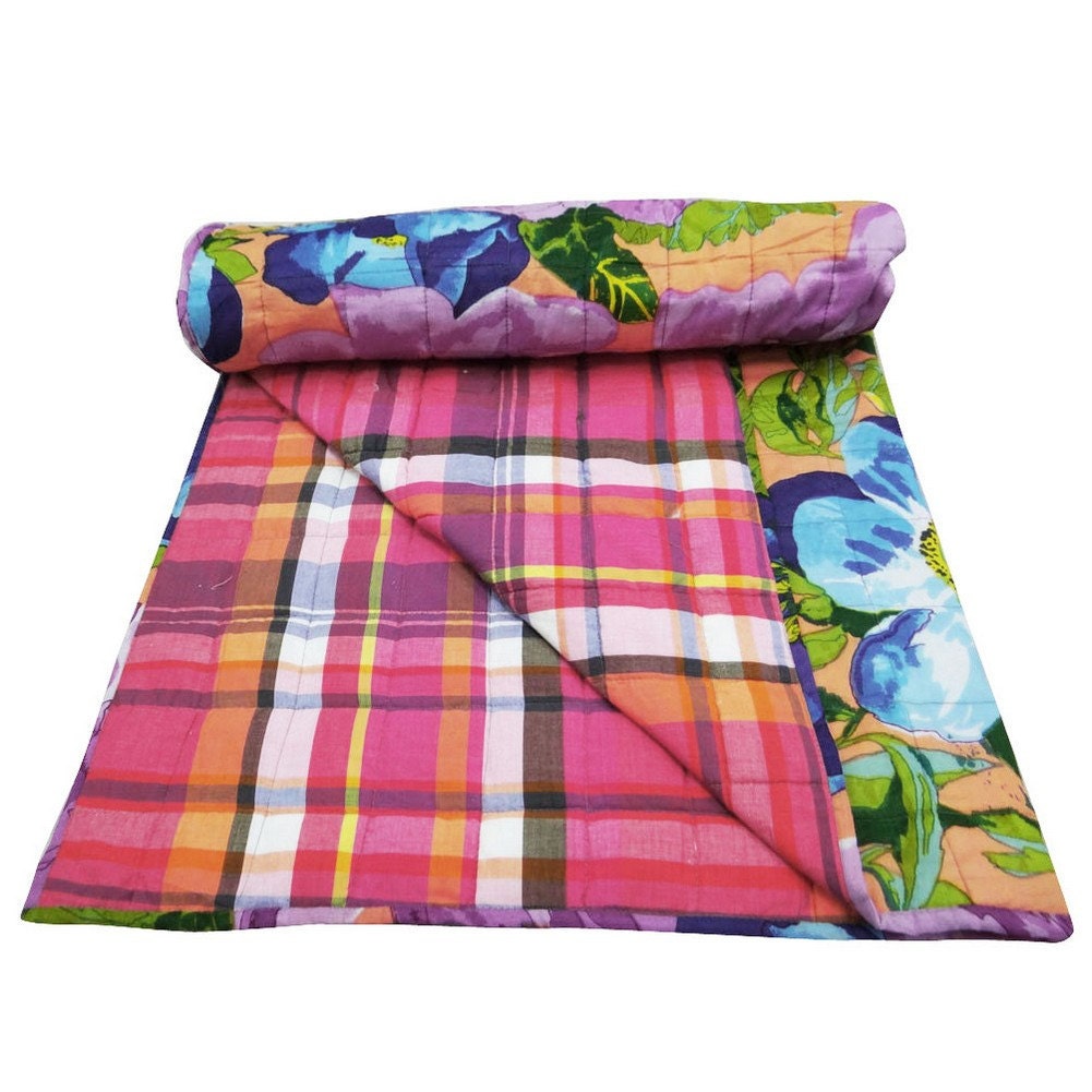 50" X 40" Crib Size Gudari Handmade Floral Embroidered Quilt Reversible Indian Traditional Bedspread Peach Baby Ralli - NGQ266