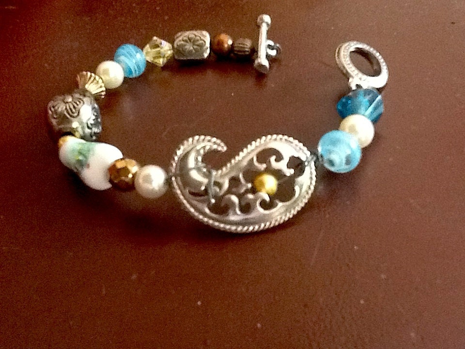Upcycled Repurposed Vintage Beaded Paisley Bracelet Gold Silver Pearl Blue Crystal