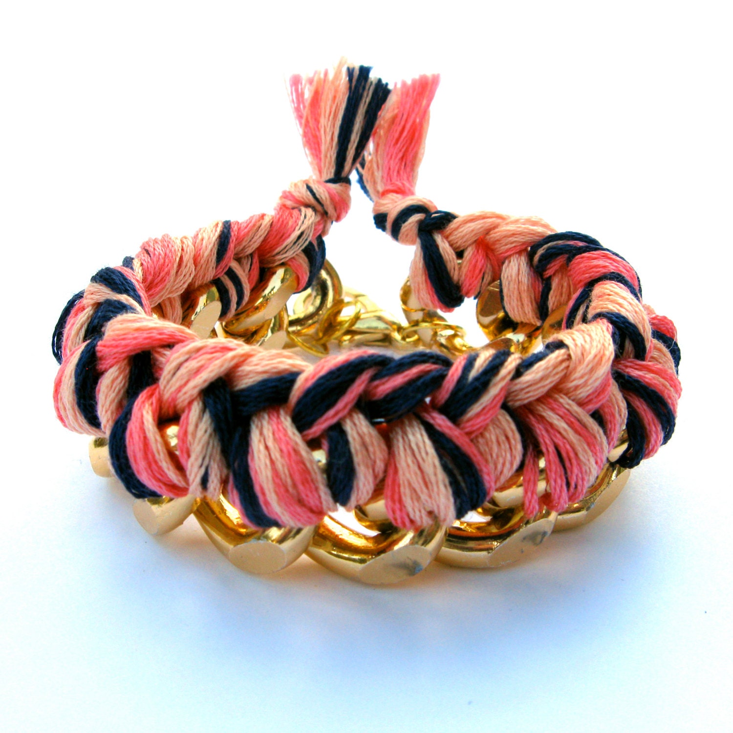 Magnolia Arm Candy Chain Woven Bracelet Coral Peach Navy Blue Chunky Gold Chain Bracelet