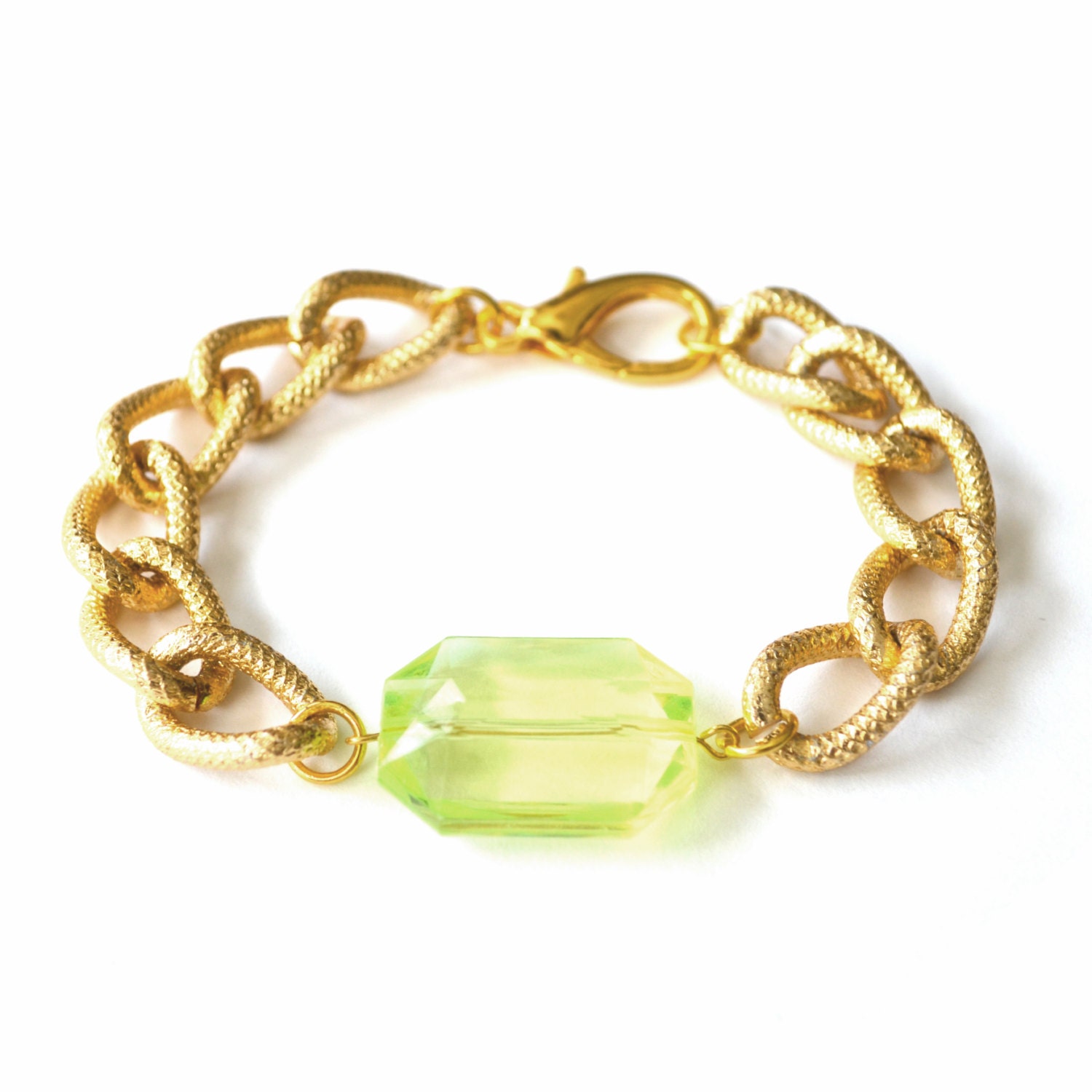 Larissa Arm Candy Translucent Green Plastic Gem Bracelet - Chunky Textured Gold Curb Chain Bracelet - Jewel Arm Candy Chunky Chain Bracelet