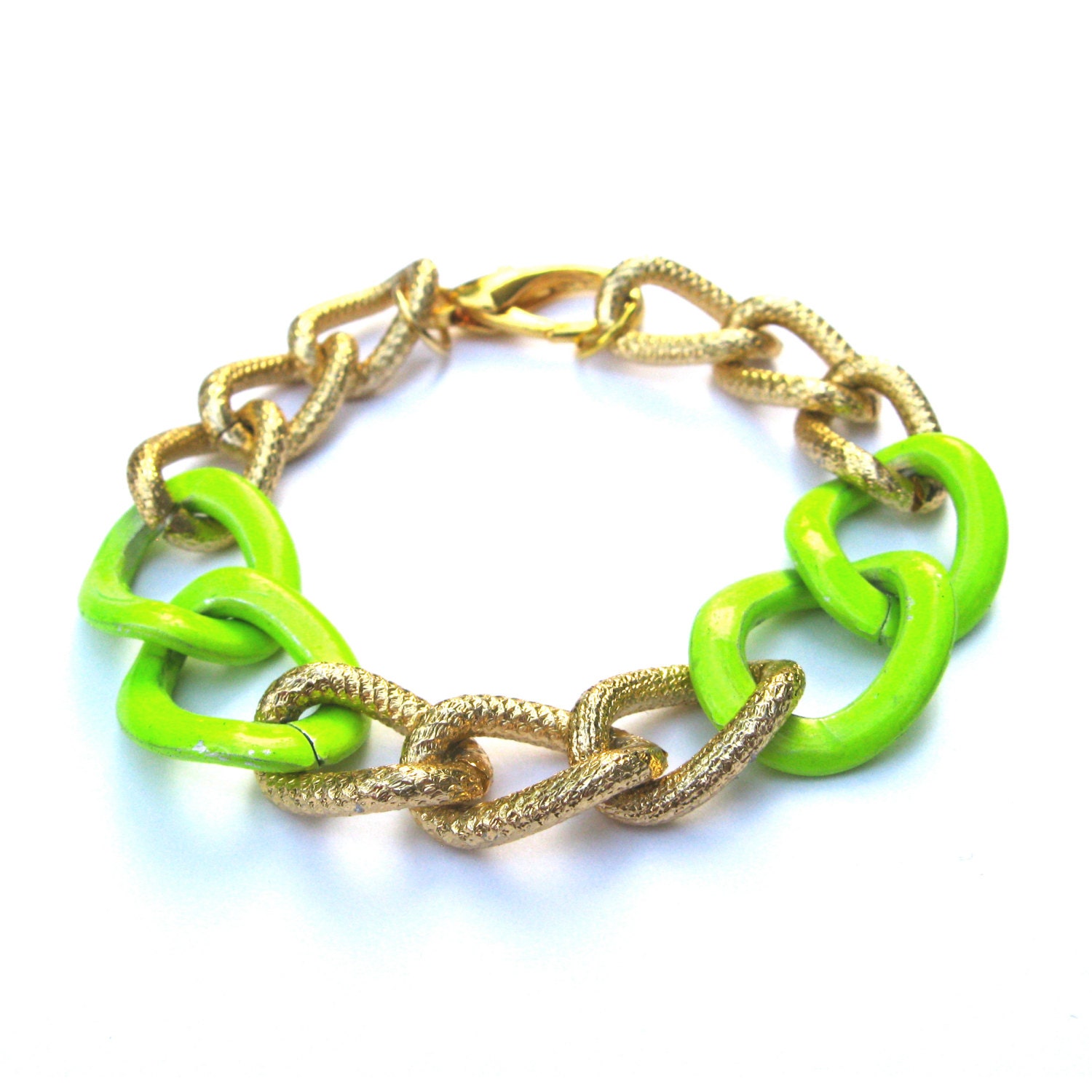 Caroline Arm Candy Lime Green Chunky Gold Chain Bracelet - Large Chunky Gold Curb Chain Link Bracelet Arm Candy Chunky Chain Bracelet