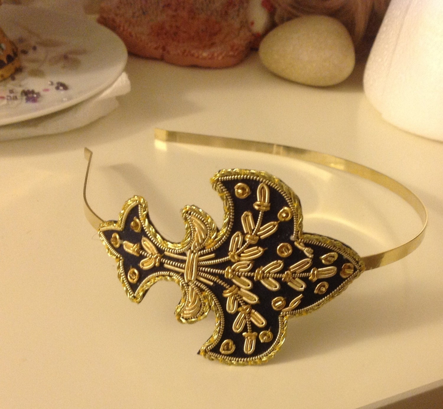 French Fleur de lis Golden Metal Headband / Navy Blue Gold