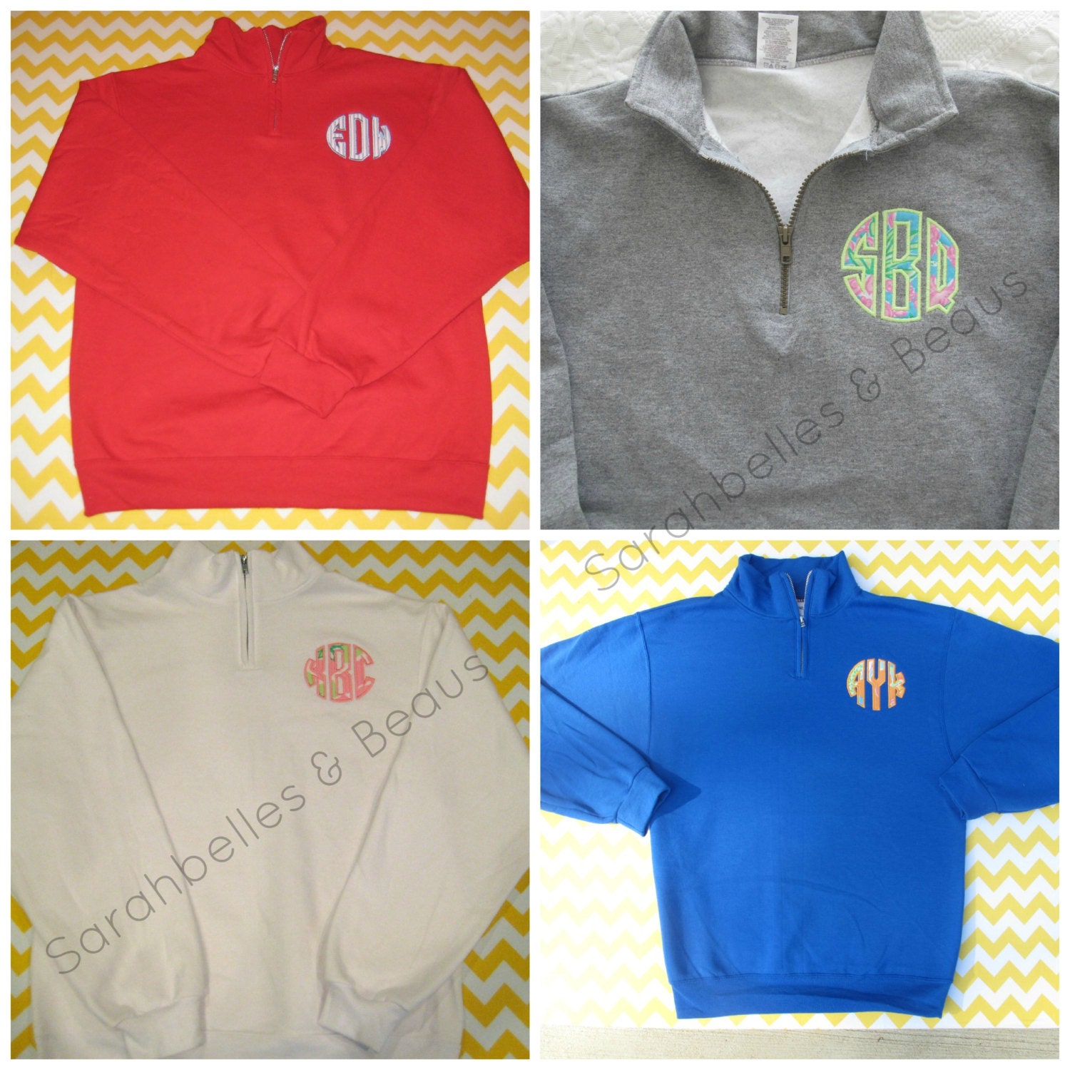 1/4 zip sweatshirt with applique monogram using Lilly fabric(gray, white, red, royal, navy available)