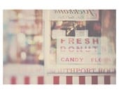 doughnut seaside color photo print - whimsical fine art food photography, shop, window, red, white, stripe, beach - 10x8