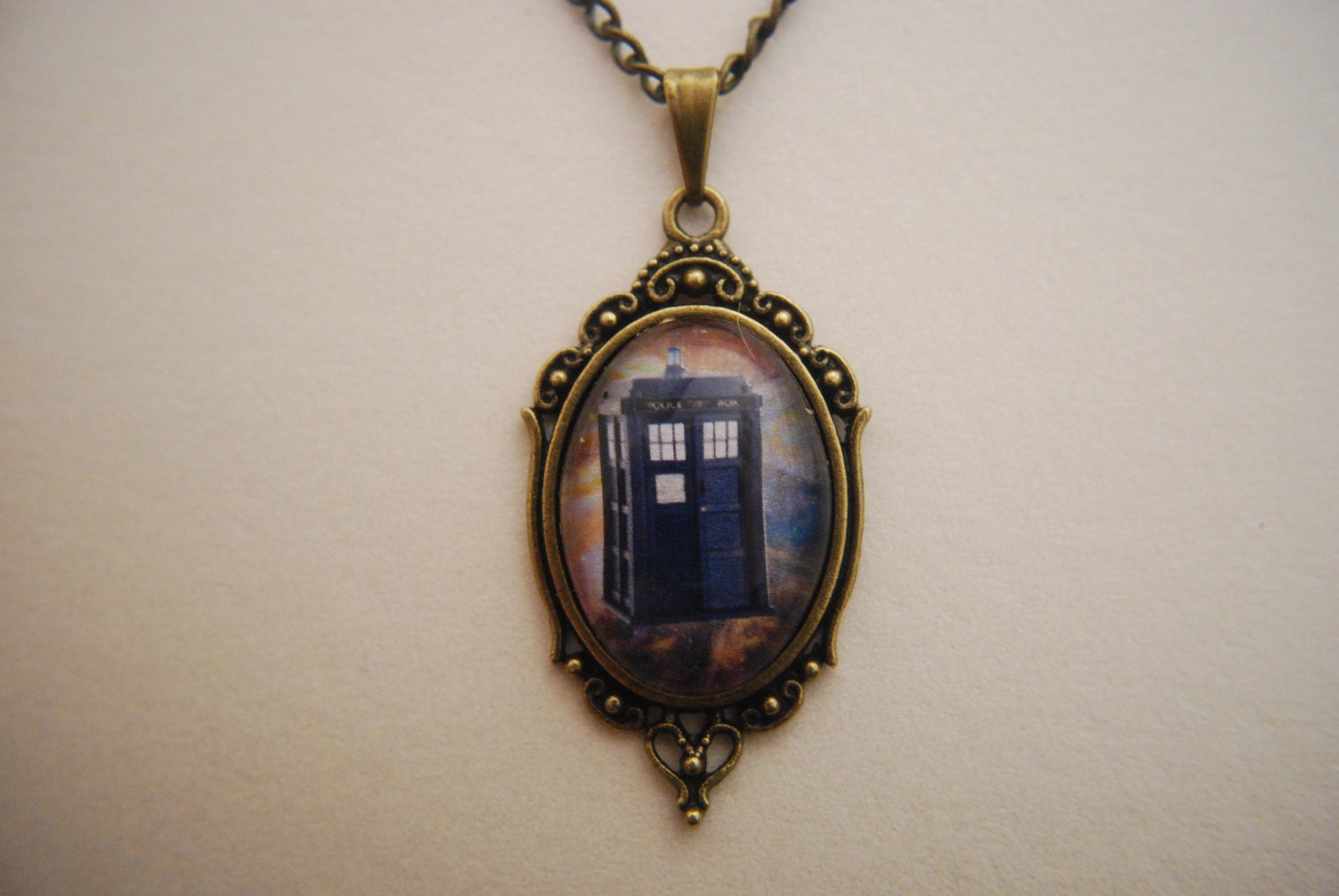 Doctor Who inspired TARDIS galaxy cameo cabochon necklace