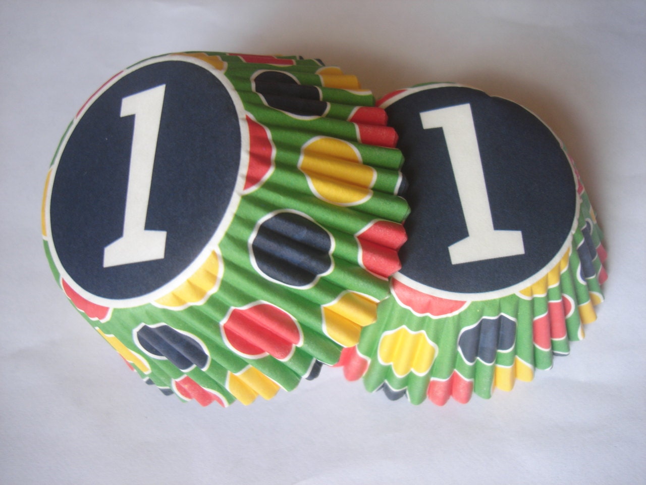 Birthday Boy or Girl 1 Year Old Big Polka Dots Orange Yellow Blue Green Sweet Dessert Cupcake Baking Cup Liners (50 QTY)