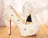 Bling  shoes ivory Pearl Mix Swarovski Crystal Wedding Shoes,party shoes,Bridal Shoes, high-heeled shoes crystal shoes bling heels shoes