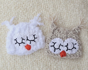 Twin HOOTS: Baby Newborn white & Tan fuzzy owl Hat Photo Prop