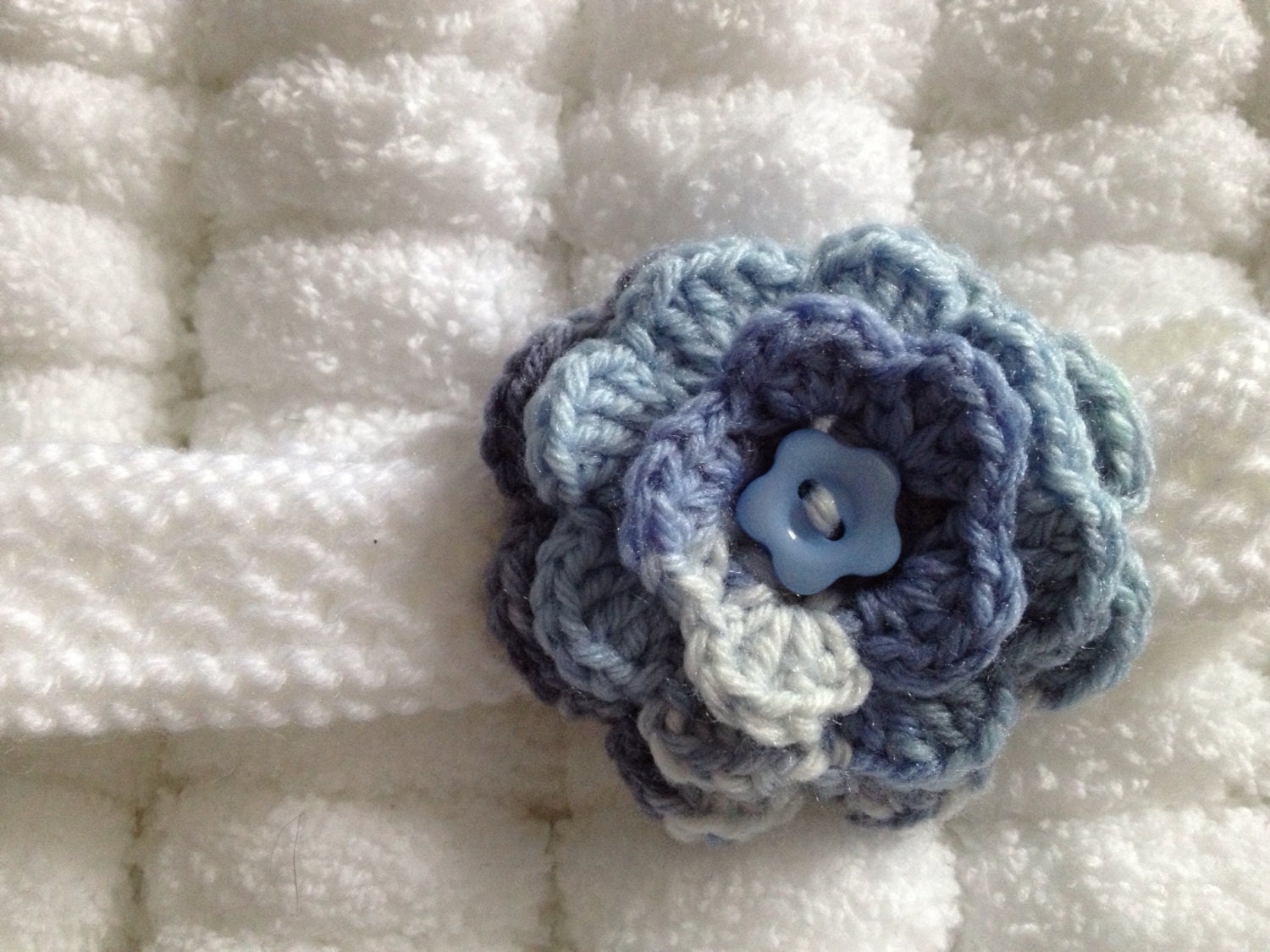 Blue and White Baby Headband with Crochet Flower